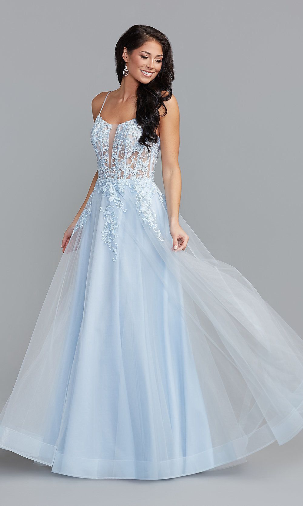 Long Blue Prom Dress with Embroidered Sheer Bodice sold by PromGirl