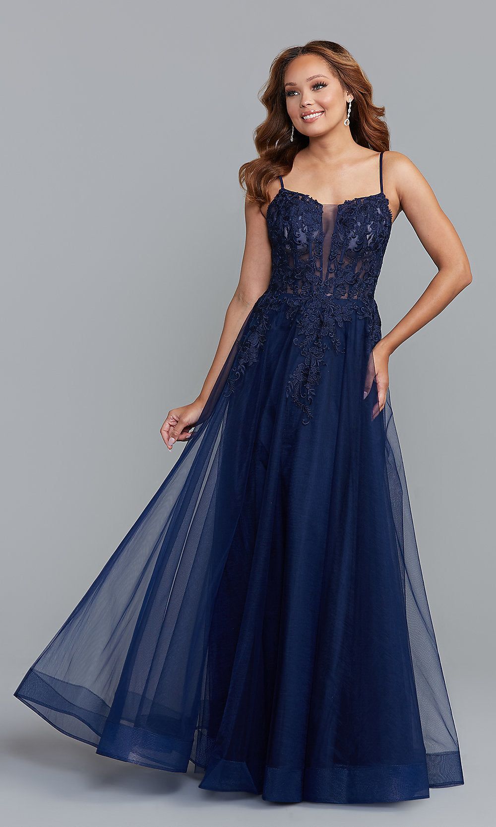 Long Blue Prom Dress with Embroidered Sheer Bodice sold by PromGirl product image thumbnail 3