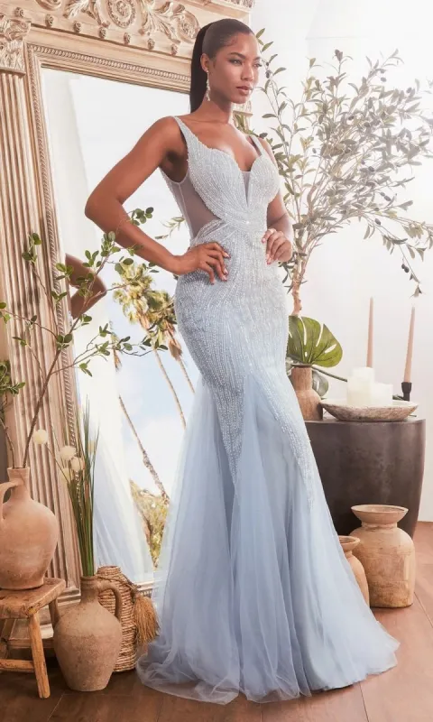 Sheer-Sides Long Beaded Prom Dress: Ladivine CR874 sold by PromGirl