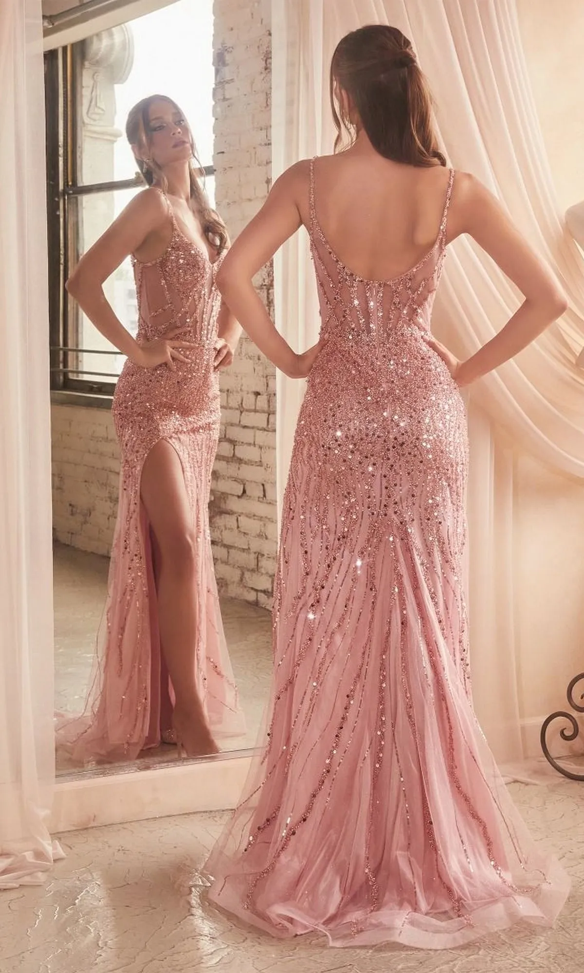 Sheer-Bodice Long Beaded Prom Dress CD0220 sold by PromGirl product image thumbnail 4