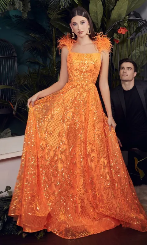 Feathered Neon Orange Long Sequin Prom Dress KV1076 made by PromGirl