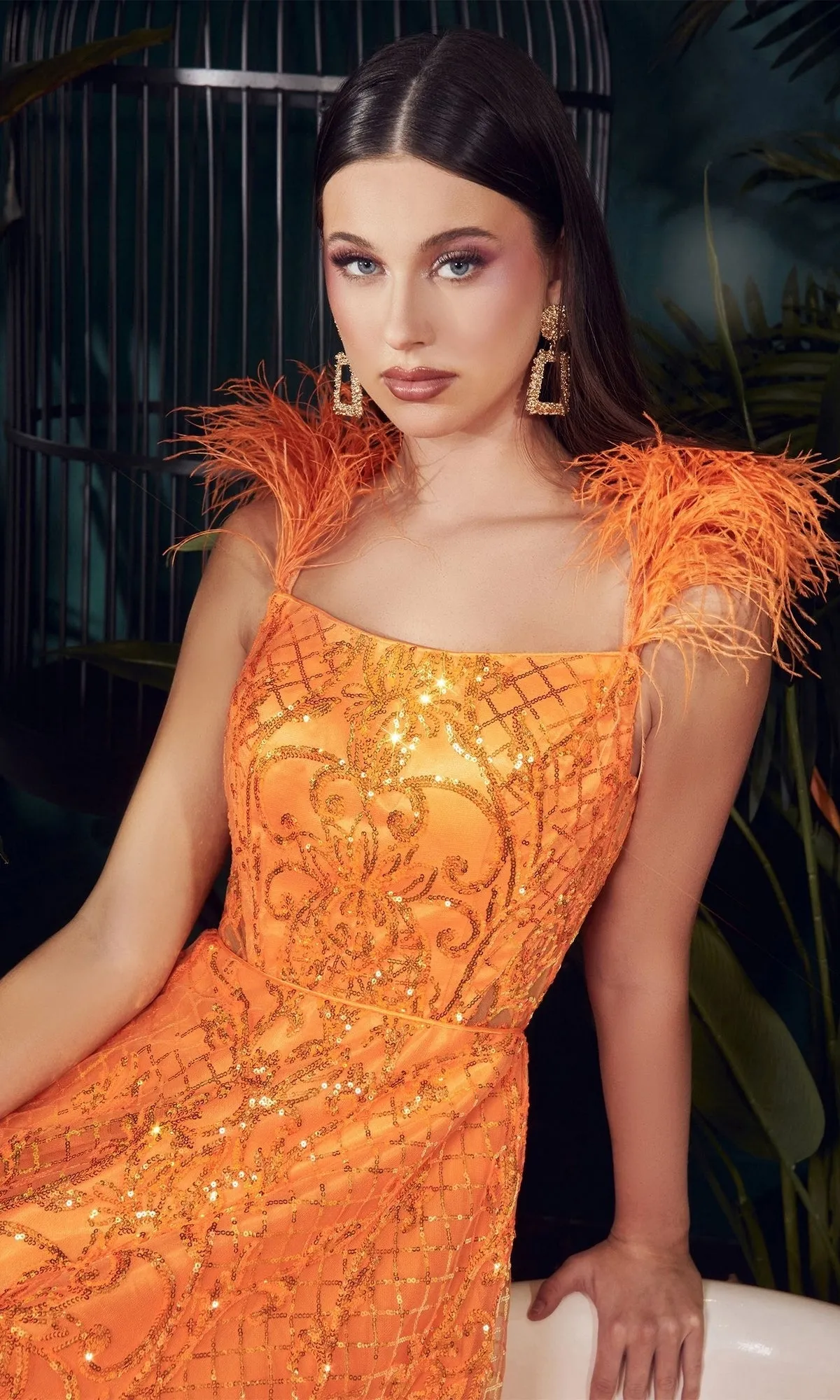 Feathered Neon Orange Long Sequin Prom Dress KV1076 sold by PromGirl product image thumbnail 2