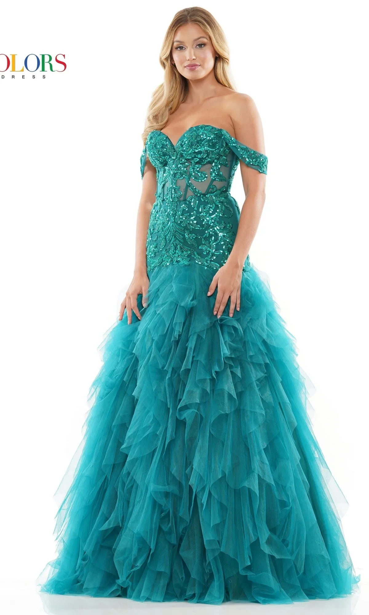 Off-Shoulder Long Ruffled Mermaid Prom Dress 3199 sold by PromGirl product image thumbnail 3