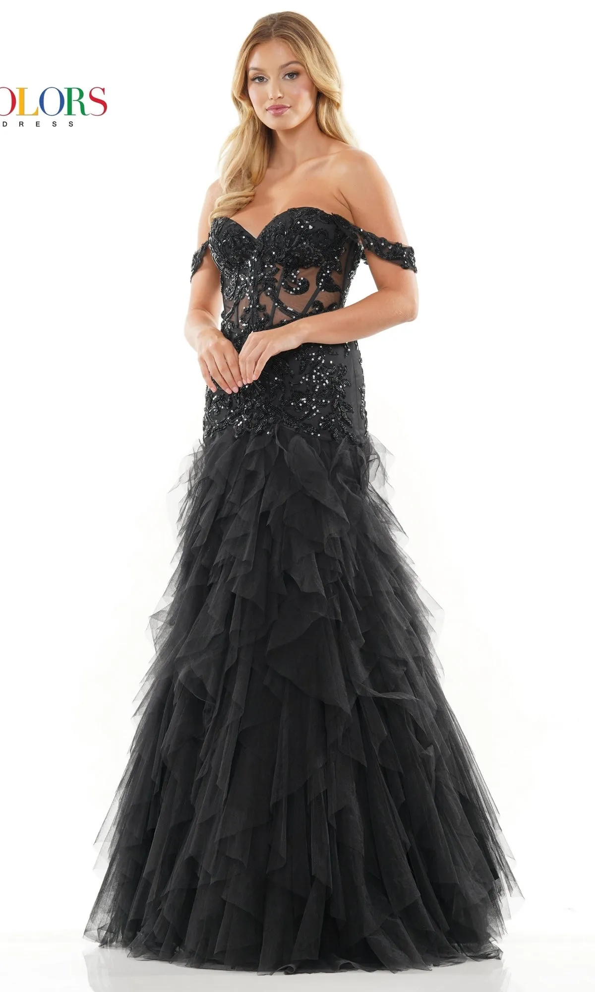 Off-Shoulder Long Ruffled Mermaid Prom Dress 3199 sold by PromGirl