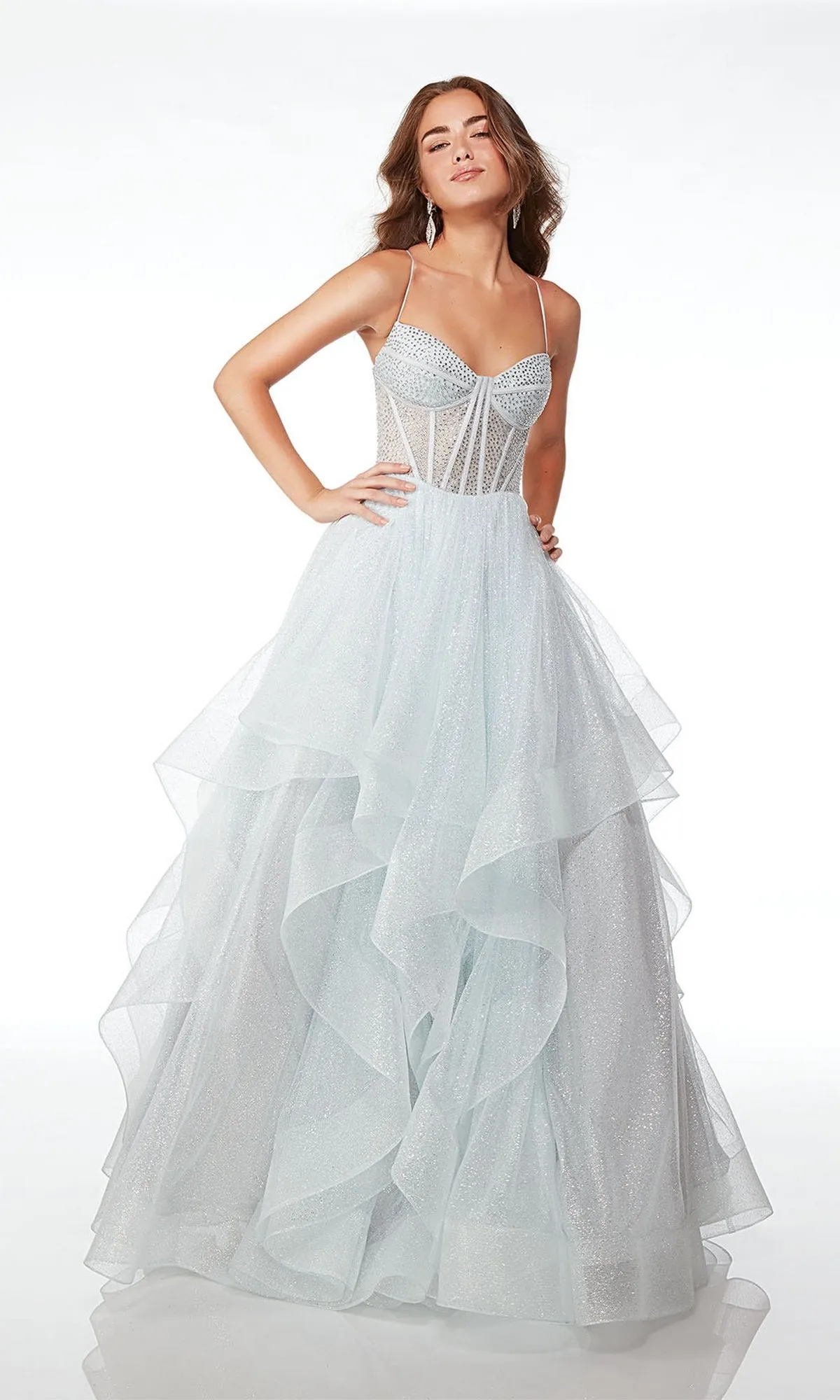 Alyce Long Glitter-Tulle Tiered Prom Dress 61637 sold by PromGirl product image thumbnail 4