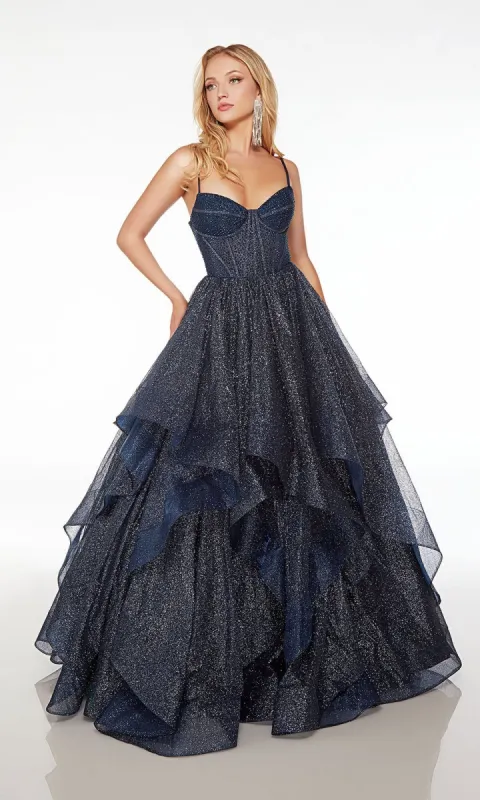 Alyce Long Glitter-Tulle Tiered Prom Dress 61637 made by PromGirl