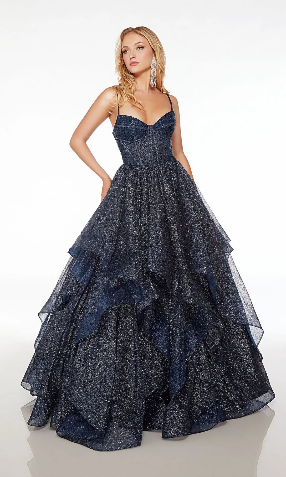 Alyce Long Glitter-Tulle Tiered Prom Dress 61637 sold by PromGirl