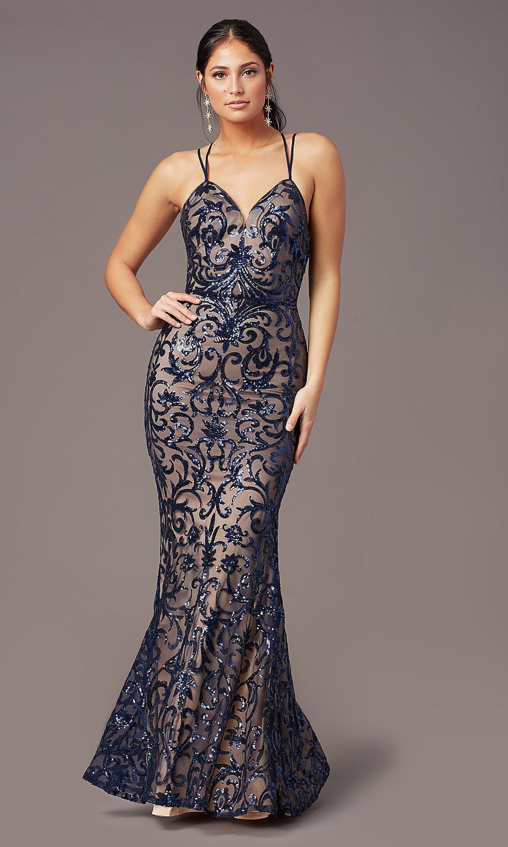 Long Sequin-Mesh Open-Back Prom Dress by PromGirl sold by PromGirl