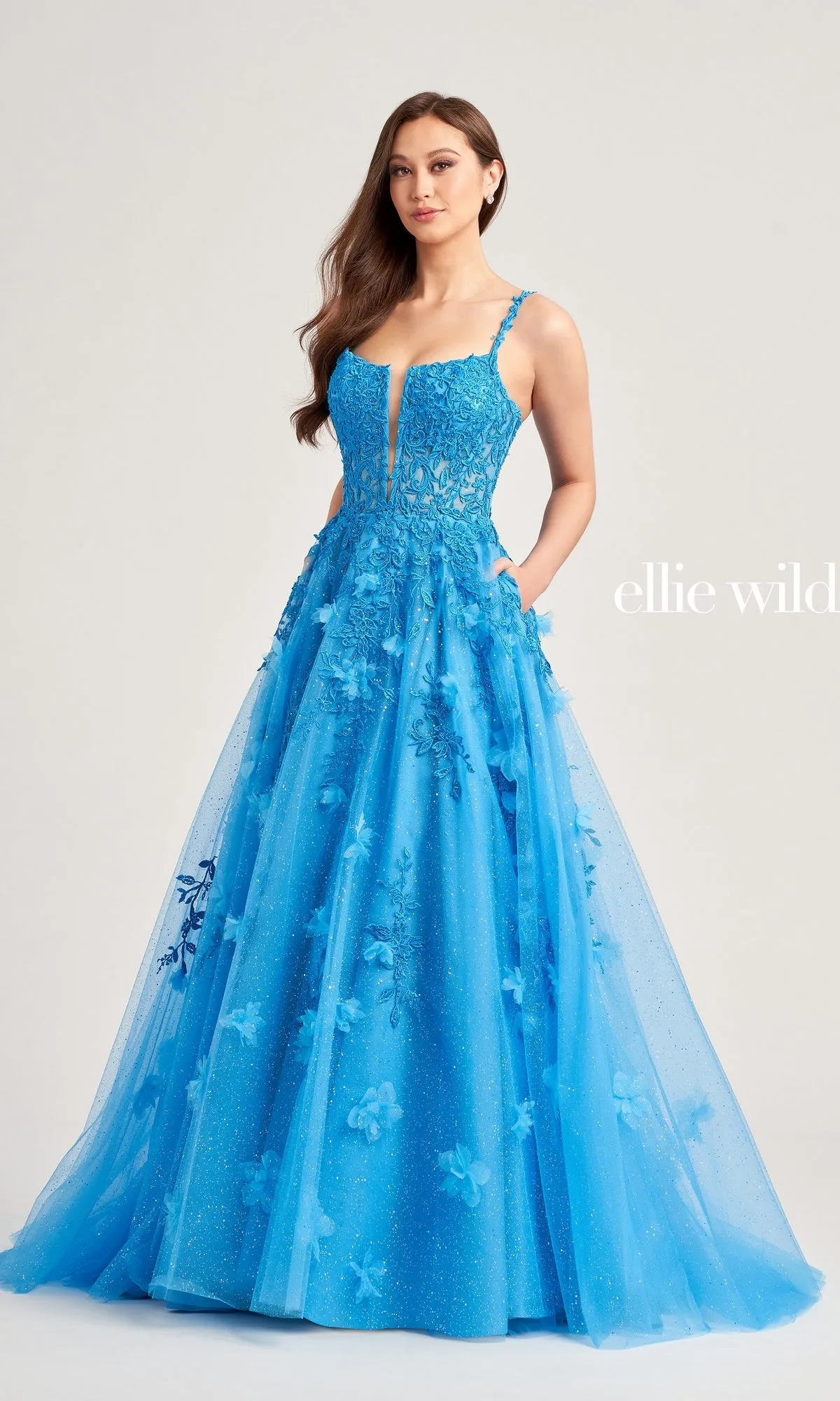 Glitter-Tulle Ellie Wilde Long Prom Gown EW35081 sold by PromGirl