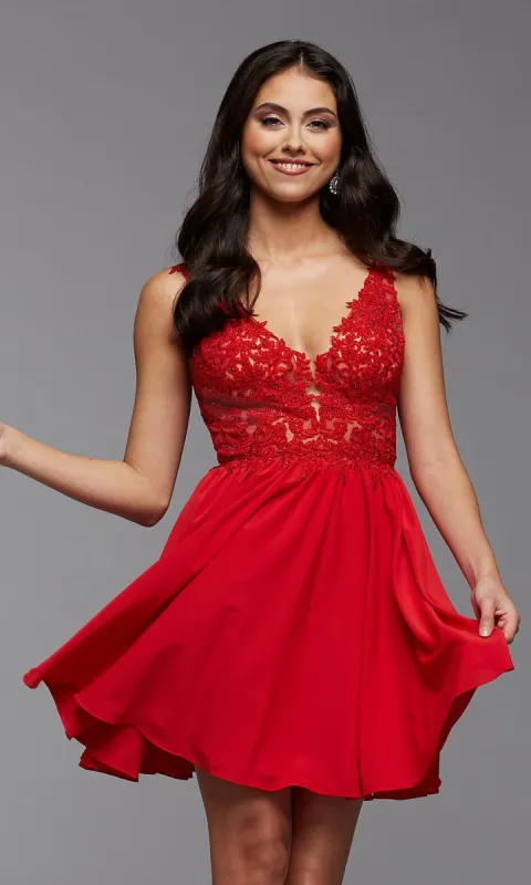 PromGirl Short Prom Dress with Beaded Sheer Bodice sold by PromGirl