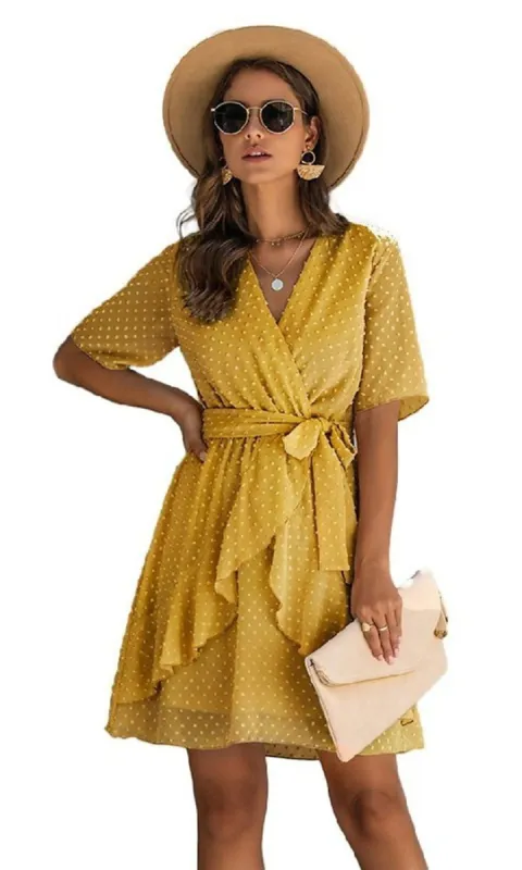 Short-Sleeve Wrap-Style Short Casual Party Dress sold by PromGirl