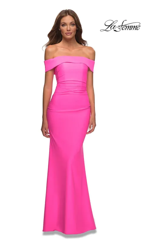 La Femme Off-the-Shoulder Long Tight Prom Dress sold by PromGirl