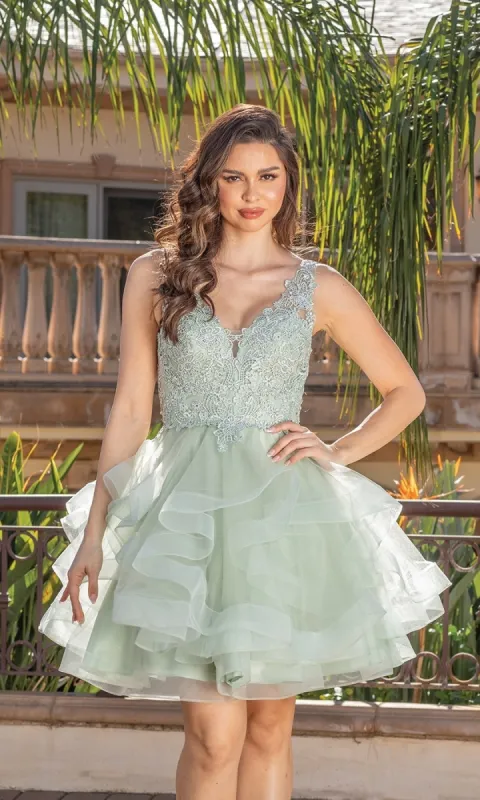 Beaded-Bodice Tiered Short Homecoming Dress 3273 sold by PromGirl