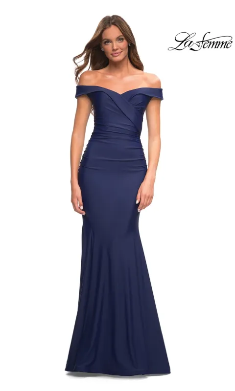 La Femme Off-the-Shoulder Long Formal Prom Gown sold by PromGirl