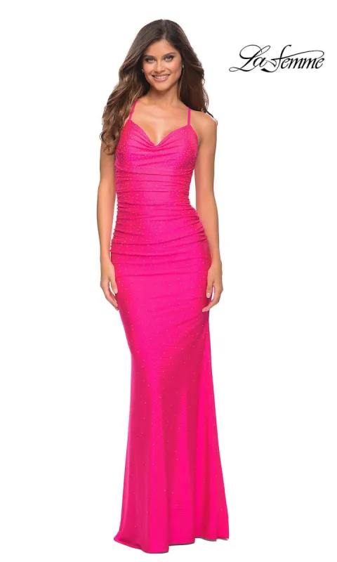La Femme Beaded Neon Pink Long Prom Dress sold by PromGirl