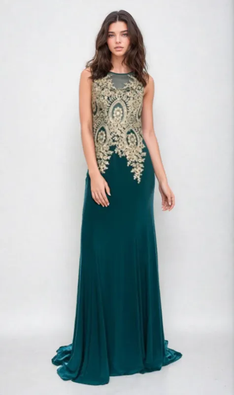 Gold-Embroidered Long Prom Dress: Chicas C4233 sold by PromGirl