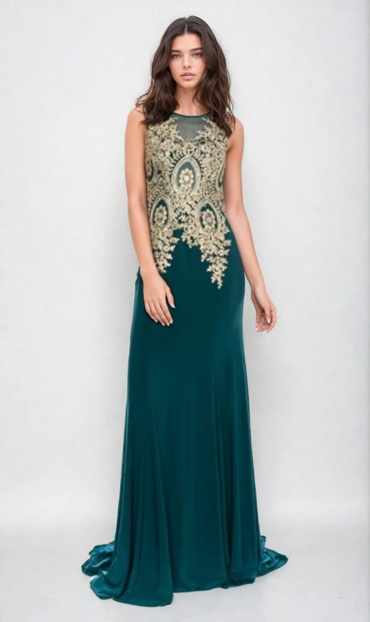 Gold-Embroidered Long Prom Dress: Chicas C4233 sold by PromGirl