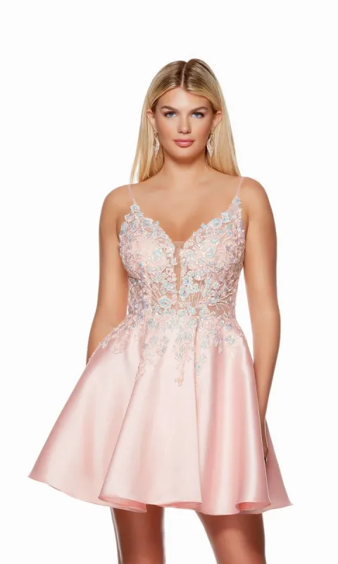 Sheer-Bodice Blush Pink Short Homecoming Dress 3131 sold by PromGirl
