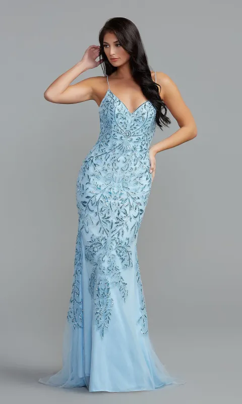 PromGirl Long Blue Sequin-Print Prom Dress sold by PromGirl