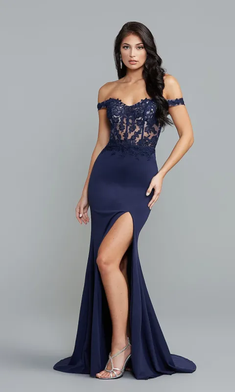 PromGirl Off-the-Shoulder Long Blue Prom Dress sold by PromGirl