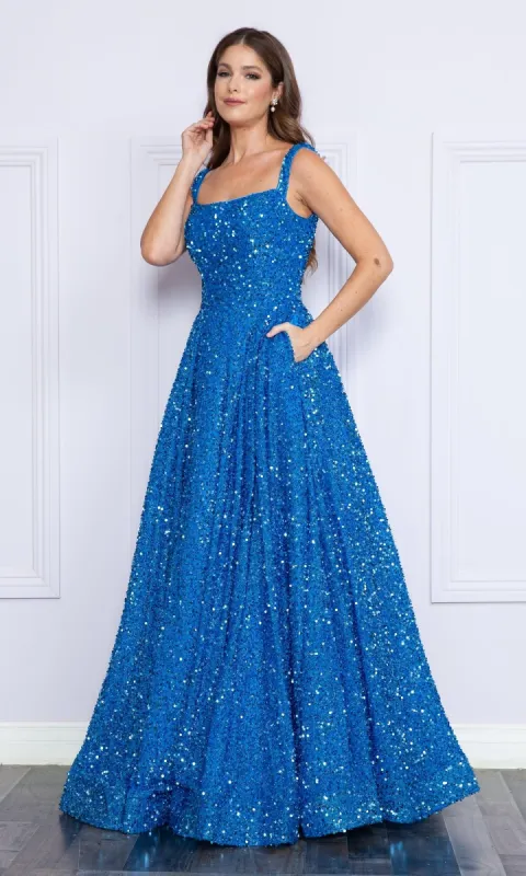 Velvet-Sequin Long A-Line Prom Gown: Poly USA 9106 sold by PromGirl