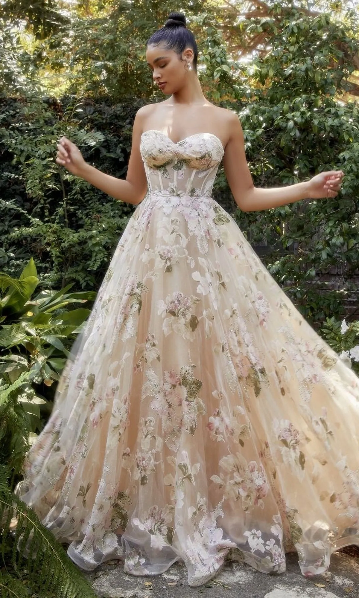 Strapless Long Champagne Floral Prom Gown A1134 sold by PromGirl