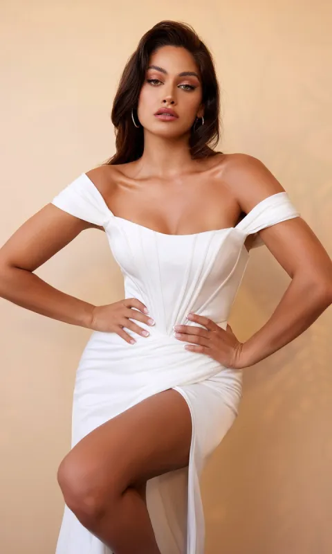 Long White Corset Formal Dress: Ladivine 7484W sold by PromGirl
