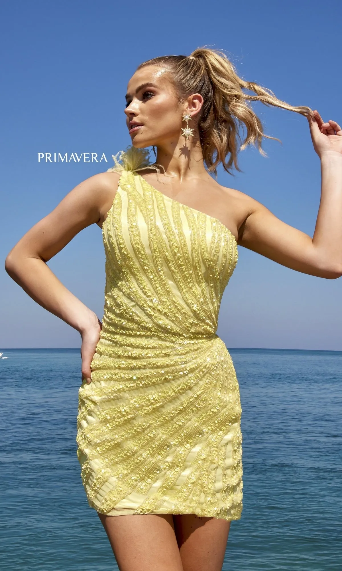 One-Shoulder Feathered Beaded Cocktail Dress 4004 sold by PromGirl product image thumbnail 3