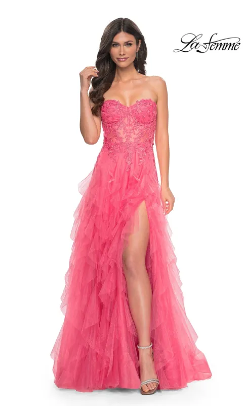 La Femme Strapless Long Coral Prom Dress 32286 sold by PromGirl