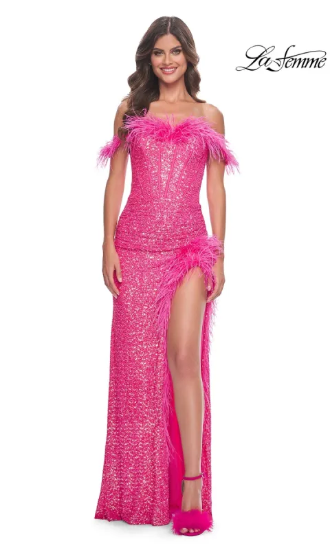 La Femme Feather Long Pink Sequin Prom Dress 32150 sold by PromGirl