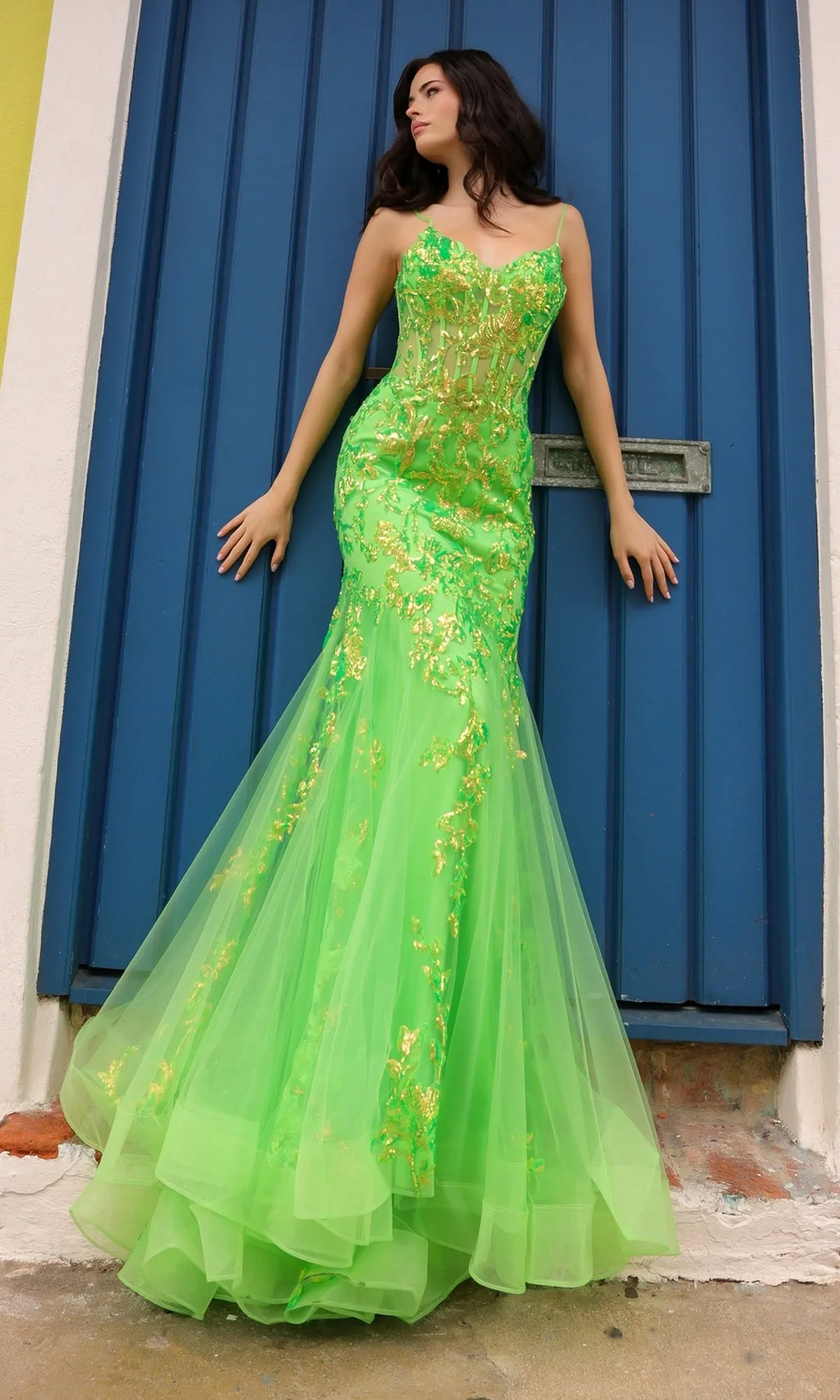 Sequin-Lace Long Neon Mermaid Prom Dress Q1390 sold by PromGirl product image thumbnail 4
