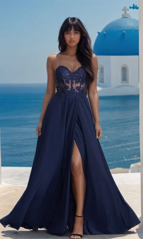 Sheer-Bodice Long PromGirl Sweetheart Prom Dress sold by PromGirl