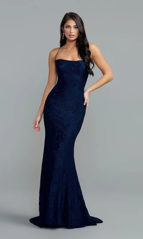 PromGirl Dark Blue Long Lace Tight Prom Dress sold by PromGirl