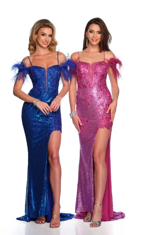 Dave and Johnny Long Feather Prom Dress 11007 sold by PromGirl