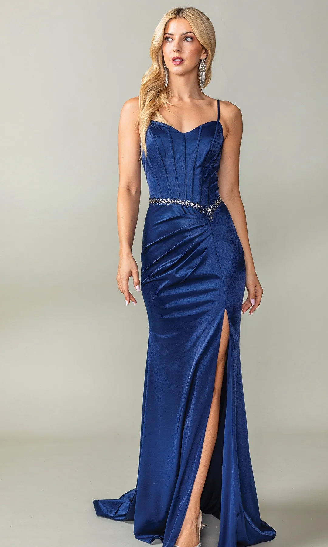Beaded-Waist Long Corset-Back Prom Dress 4403 sold by PromGirl