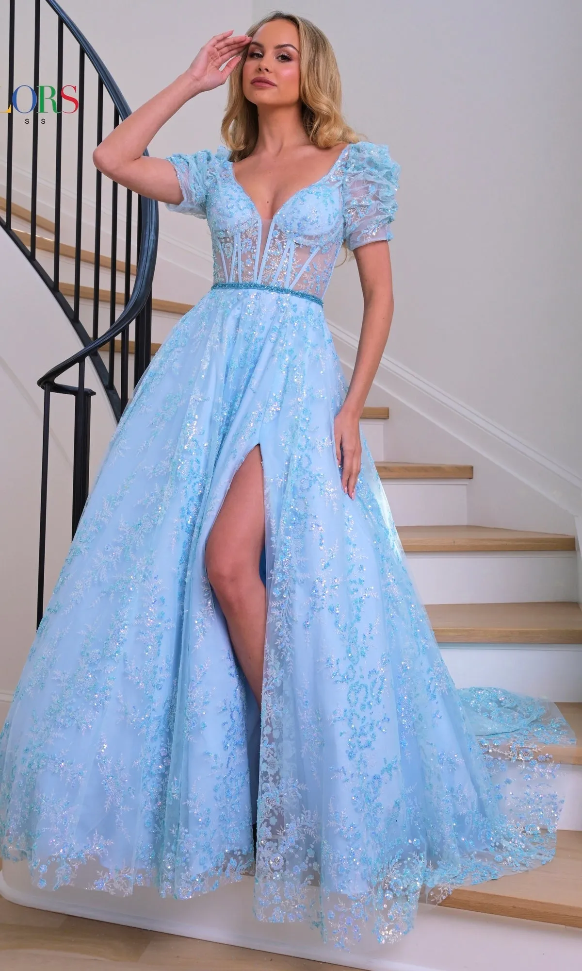 Short-Sleeve Long Glitter A-Line Prom Dress 3243 sold by PromGirl
