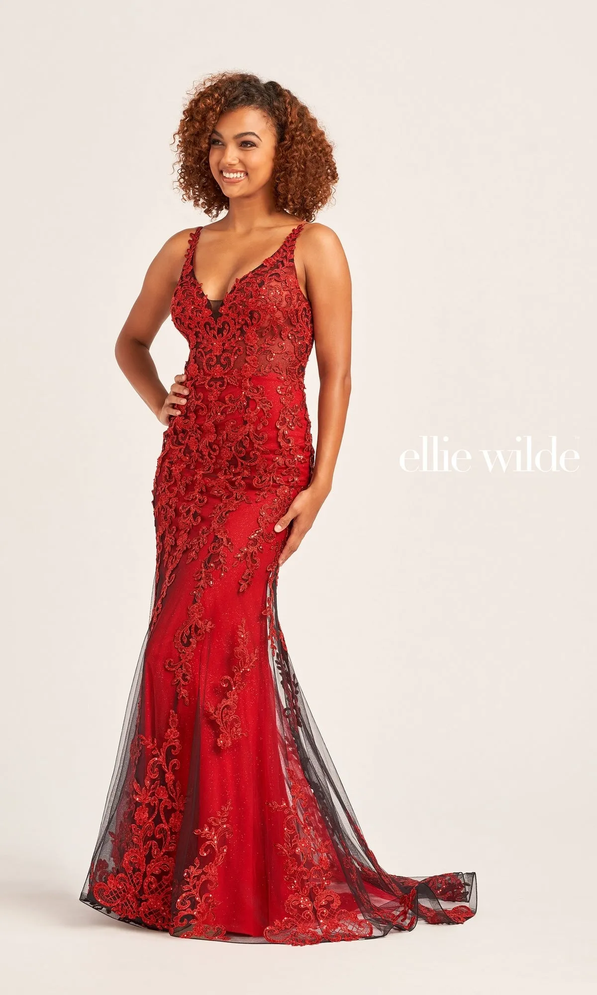 Ellie Wilde Long Glitter-Lace Prom Dress EW35071 sold by PromGirl product image thumbnail 4
