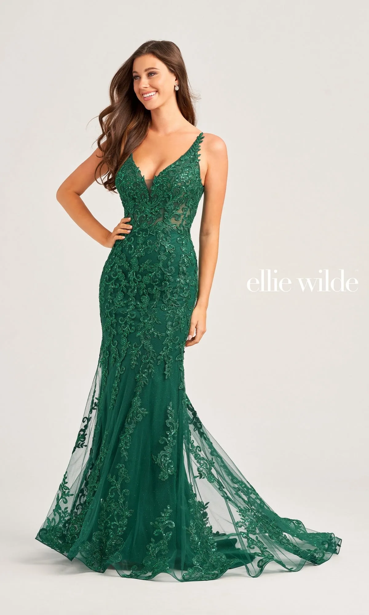 Ellie Wilde Long Glitter-Lace Prom Dress EW35071 sold by PromGirl product image thumbnail 3