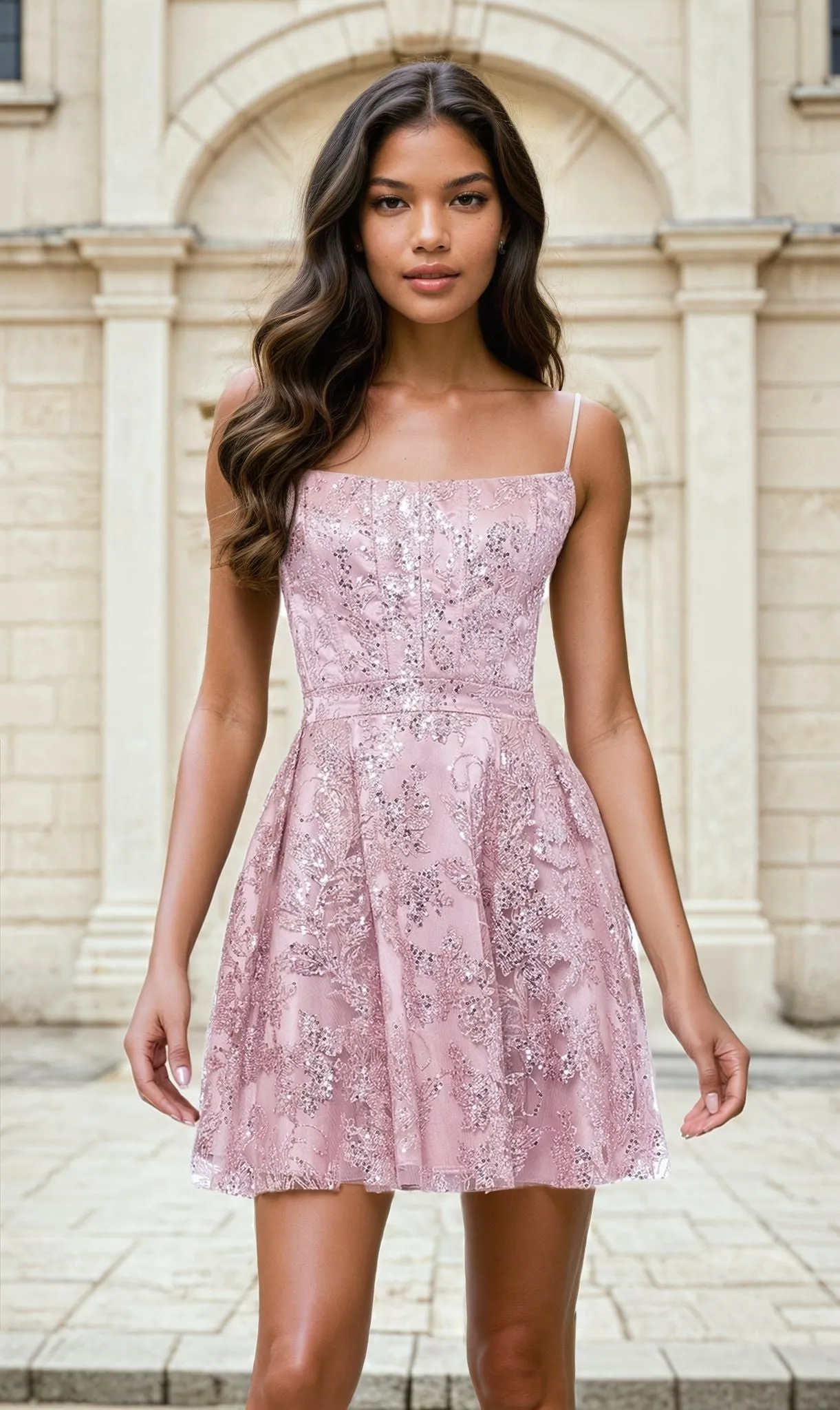 Rose Pink Short Glitter-Print Hoco Dress 5001BN sold by PromGirl