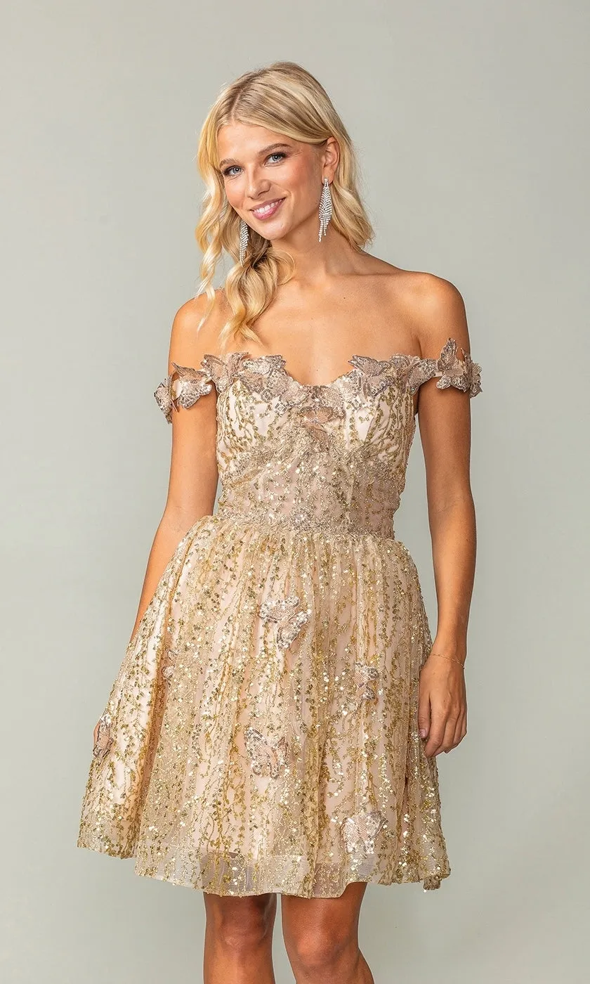 Glitter Short Gold Butterfly Homecoming Dress 3370 sold by PromGirl