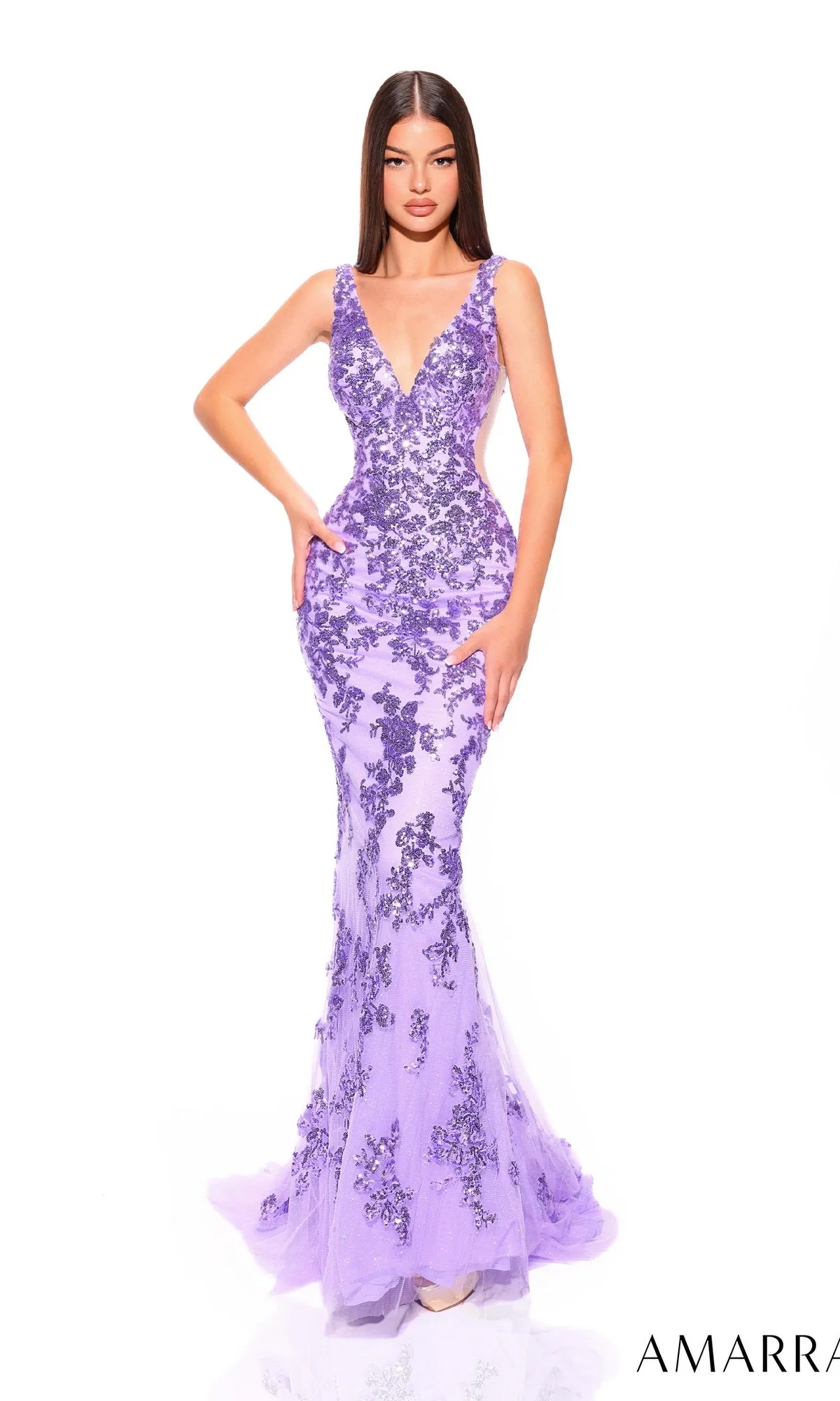 Sheer-Sides Long Sequin Mermaid Prom Dress 88832 sold by PromGirl product image thumbnail 4