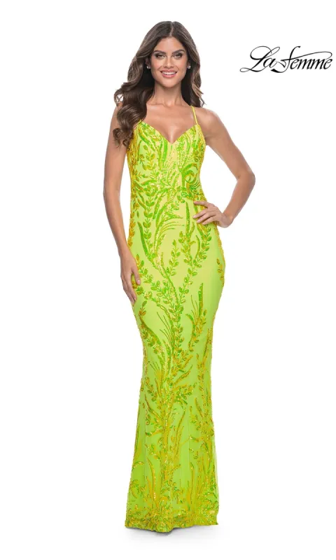 La Femme Bright Long Sequin-Print Prom Dress 32343 sold by PromGirl