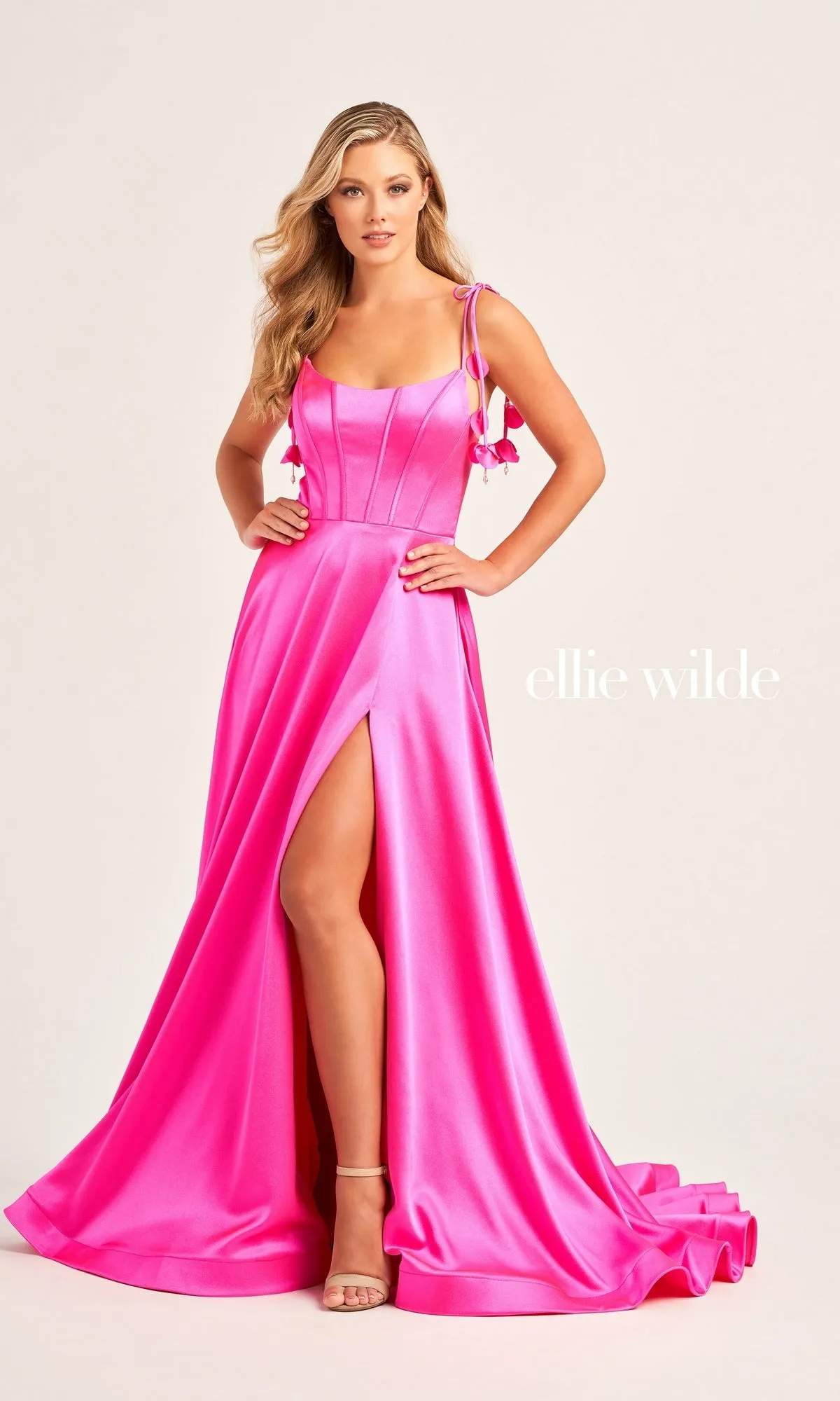 Ellie Wilde Long Satin Designer Prom Dress EW35215 sold by PromGirl product image thumbnail 3