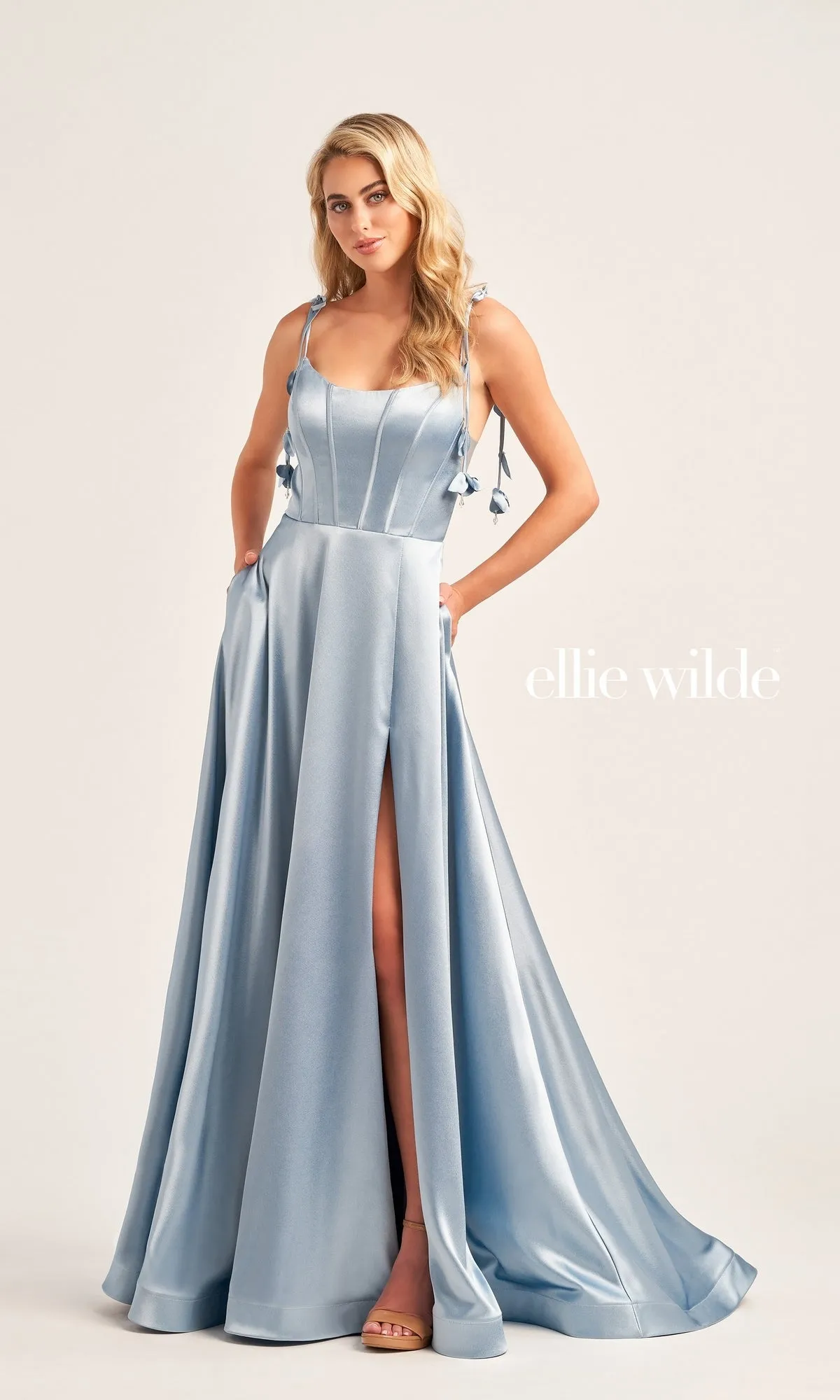 Ellie Wilde Long Satin Designer Prom Dress EW35215 sold by PromGirl product image thumbnail 4