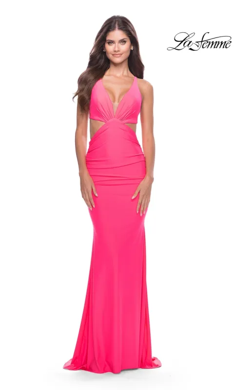 Cut-Out Long Neon Pink Prom Dress: La Femme 31428 sold by PromGirl