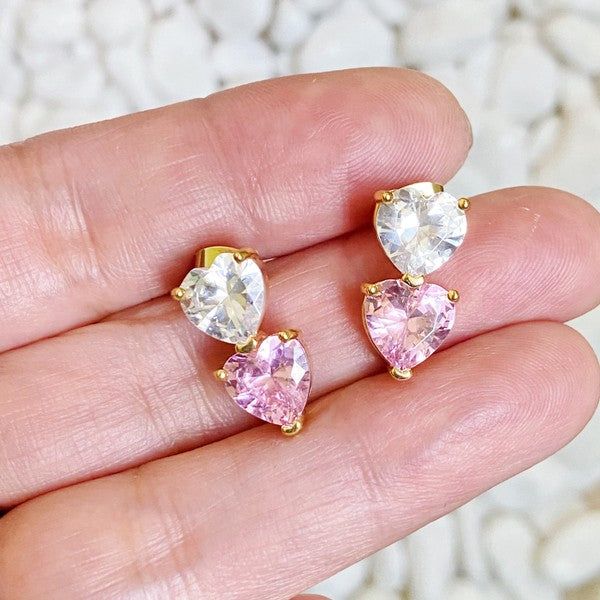 Pink And Crystal Double Heart Earrings sold by PromGirl product image thumbnail 2