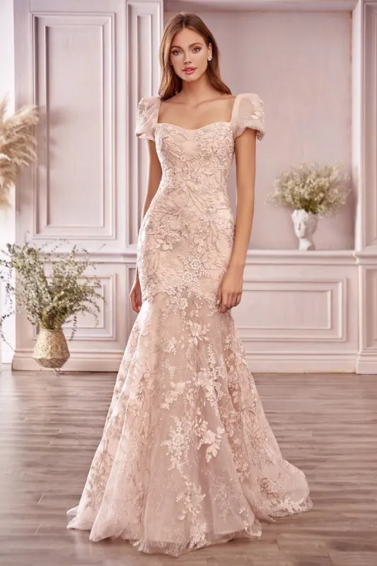 Long Pink Short-Sleeve Mermaid Prom Dress A1025 sold by PromGirl