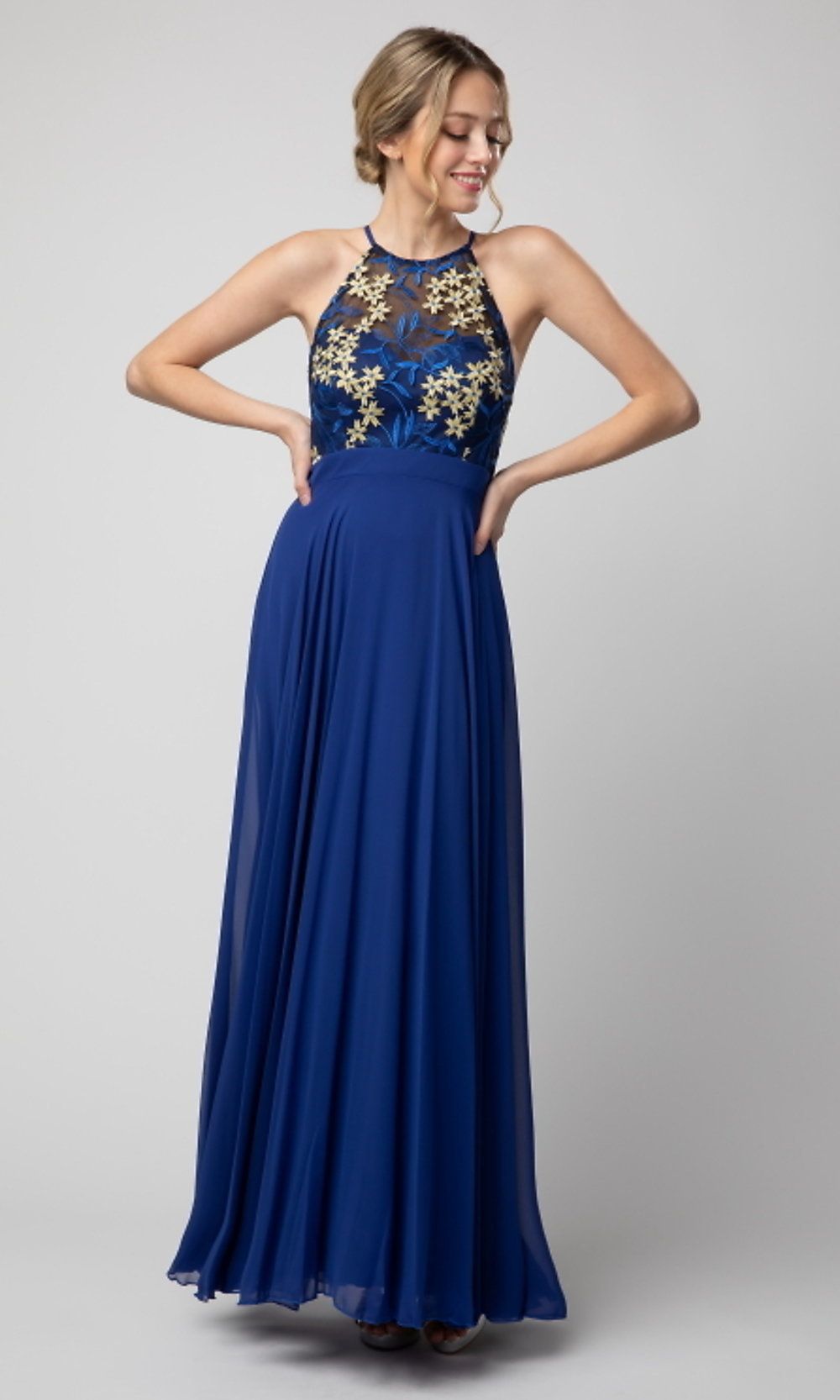 Shail K Long High-Neck Prom Dress with Embroidery sold by PromGirl