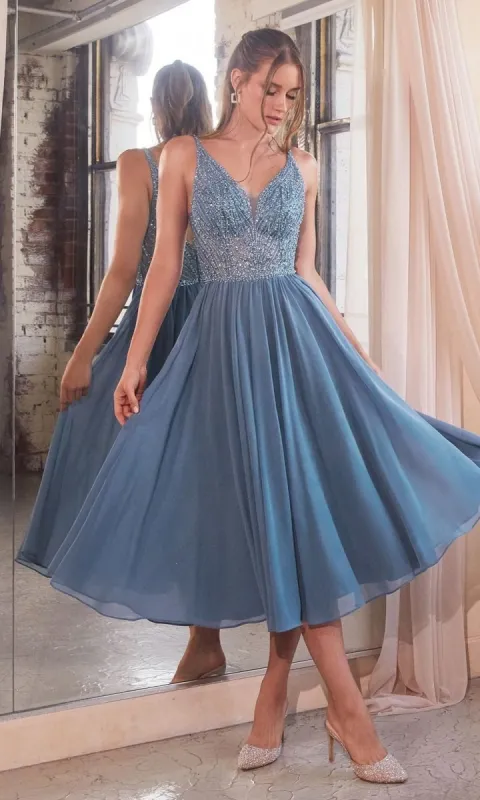 Sheer-Bodice Tea-Length A-Line Party Dress CD0225 sold by PromGirl