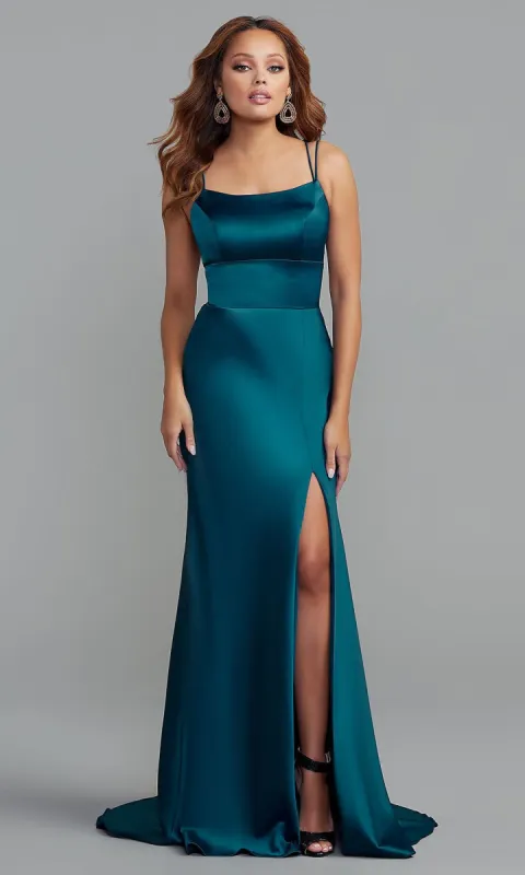 PromGirl Corset-Back Long Peacock Blue Prom Dress sold by PromGirl